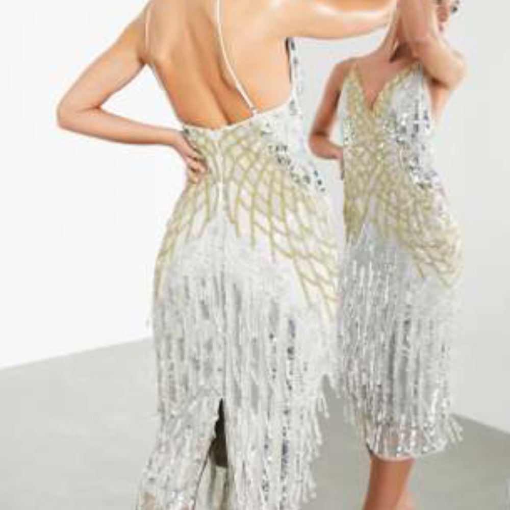ASOS NWT Sequined Fringe Slip Dress in Silver and Gold 20s midi dress